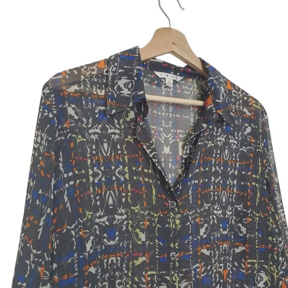 Cabi | Abstract Pattern Sheer Lightweight Button Up Long Sleeve Blouse Top - Picture 2 of 11